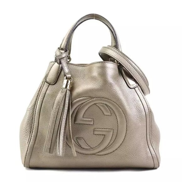 Auth GUCCI Soho Handbag Shoulder Bag Metallic Greige Leather/Goldtone - Picture 1 of 15
